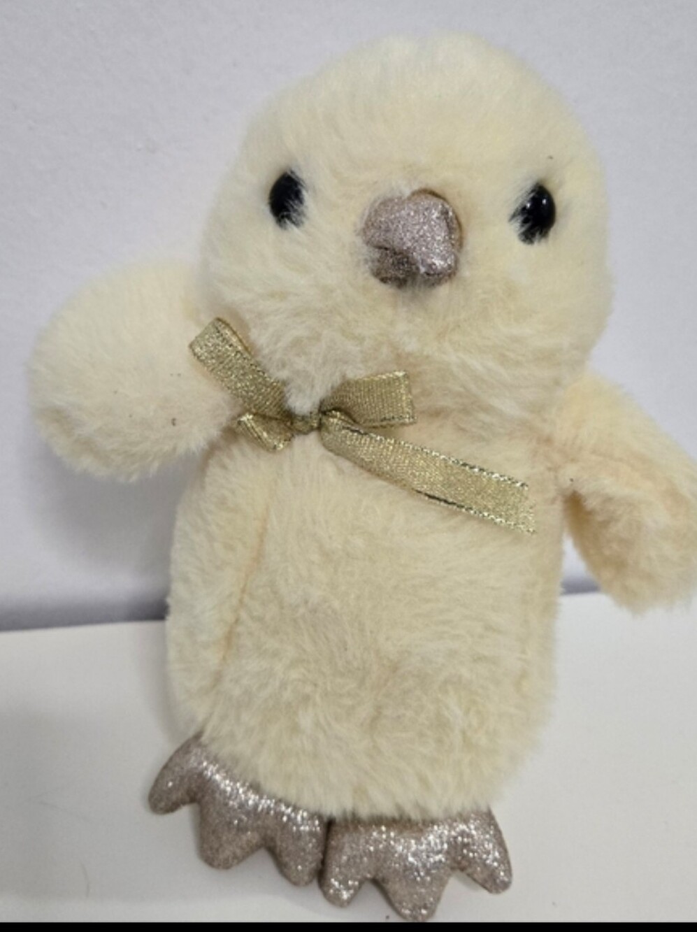 FAO Schwarz Cream Plush Chick with Gold Bow and Glitter Feet